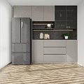 Modern Gray Wine Cabinet In Kitchen With Storage Shelves And Decorative Items