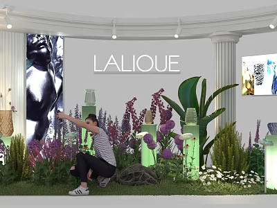 LALIQUE Exhibition Showcase With Colorful Flowers Green Plants And Person Pointing 3d model