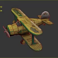 Yellow Biplane Toy Model With Green Accents Cartoon Style And Dual Wings Propeller