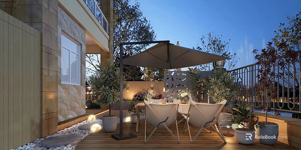 Elegant Garden Landscape With Outdoor Wooden Deck Patio Furniture Green Plants And Umbrella 3d model 