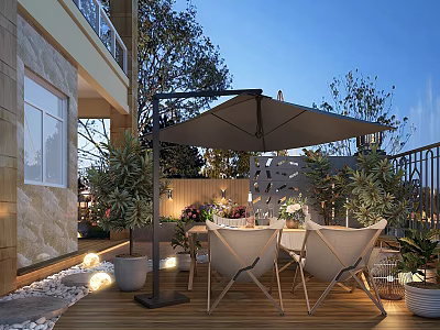 Elegant Garden Landscape With Outdoor Wooden Deck Patio Furniture Green Plants And Umbrella 3d model