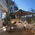 Elegant Garden Landscape With Outdoor Wooden Deck Patio Furniture Green Plants And Umbrella