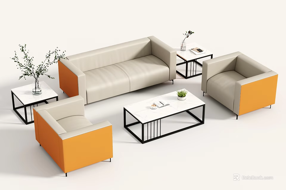 Modern Sofa And Coffee Table Set With Beige Orange Leather Seats Metal Frame And Plants 3d model 