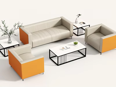 Modern Sofa And Coffee Table Set With Beige Orange Leather Seats Metal Frame And Plants 3d model