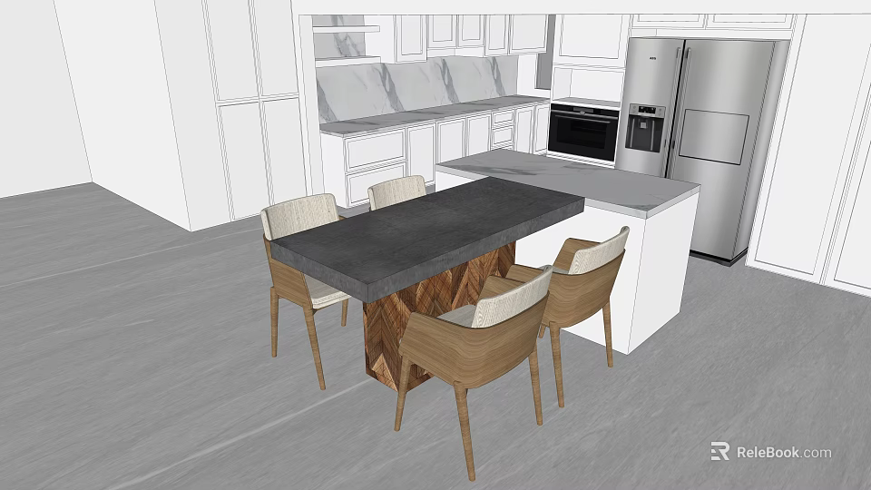 Modern Dining Table Set With Four Chairs Black Countertop And White Kitchen Cabinets 3d model