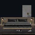 Modern Double Bedroom Interior with Wooden Headboard Wall Lamps White Bedding Above Painting and Rug