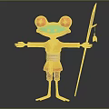 Cartoon Frog Character Dressed in Yellow Red Outfit With Red Eyes Blue Body Holding Stick