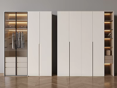 Sleek Modern White Wardrobe With Glass And Solid Doors LED Lights Shelves Drawers 3d model