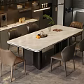 Modern Restaurant Interior With Marble Dining Table Six Chairs Cabinets And Decorative Plant