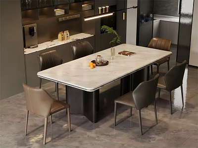 Modern Restaurant Interior With Marble Dining Table Six Chairs Cabinets And Decorative Plant 3d model