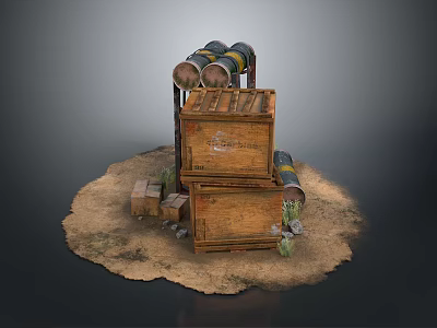 Weapon Storage Setup With Wooden Crates Metal Barrels On Dirt Ground Surface 3d model