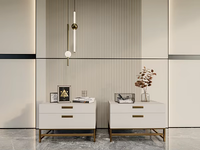 Modern White Bedside Tables With Gold Handles Vase And Plants On Marble Floor 3d model
