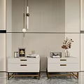 Modern White Bedside Tables With Gold Handles Vase And Plants On Marble Floor