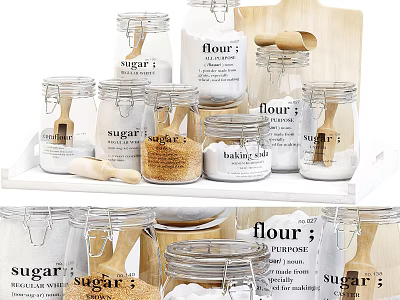 Glass Jars For Kitchen Storage With Sugar Flour And Wooden Spoons On Shelf 3d model