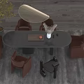 Modern Oval Dining Table Set With Brown Black Chairs Rug Plant And Pendant Light
