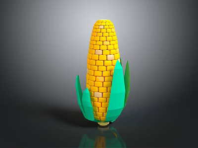 3D Blocky Yellow Corn Cob With Green Leaves And Realistic Design 3d model