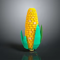3D Blocky Yellow Corn Cob With Green Leaves And Realistic Design
