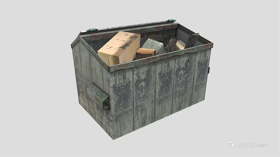 Old Weathered Wooden Trash Bin Filled With Cardboard And Plastic Waste 3d model 
