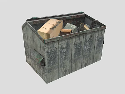 Old Weathered Wooden Trash Bin Filled With Cardboard And Plastic Waste 3d model