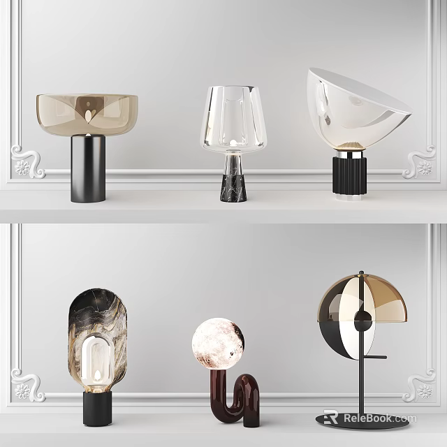 Modern Decorative Table Lamps With Glass Shades And Metal Bases On White Shelf 3d model 