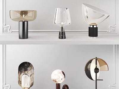 Modern Decorative Table Lamps With Glass Shades And Metal Bases On White Shelf 3d model