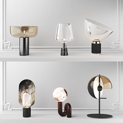 Modern Decorative Table Lamps With Glass Shades And Metal Bases On White Shelf 3d model