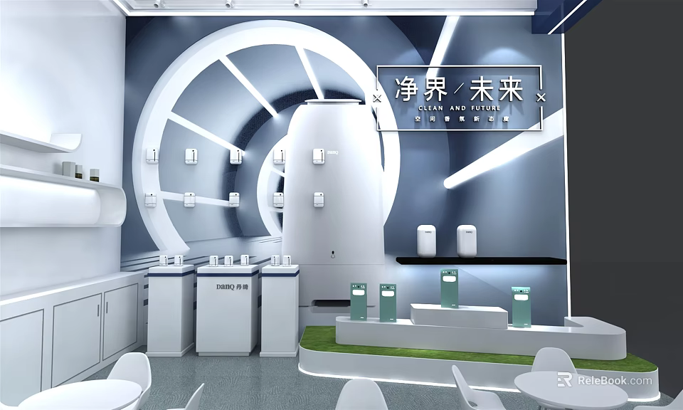Futuristic Exhibition Hall Featuring Clean World Future Theme With White Booths And Product 3d model 
