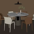 Round Dining Table with Marble Top and Modern Chairs Vase with Plants Hanging Lamp
