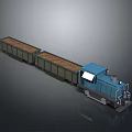 Blue Freight Train Locomotive Pulling Cargo Cars Loaded With Brown Cargo 3d model