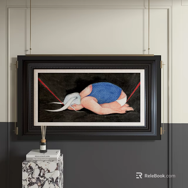 White Haired Figure Painting With Blue Outfit Kneeling Pose And Black Frame 3d model 