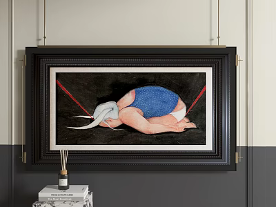 White Haired Figure Painting With Blue Outfit Kneeling Pose And Black Frame 3d model