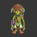 Cartoon Green Goblin Character With Orange Horns Large Ears Metal Armor And Red Shorts