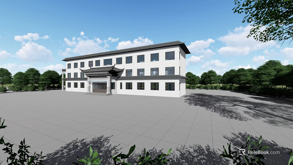 Traditional School Building With White Exterior Black Roof Spacious Square Surrounded By Trees 3d model 