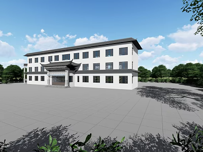 Traditional School Building With White Exterior Black Roof Spacious Square Surrounded By Trees 3d model