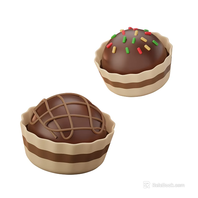 Delicious Chocolate Desserts with Colorful Sprinkles and Grid Decoration in Striped Paper Cups 3d model 