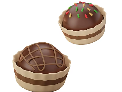 Delicious Chocolate Desserts with Colorful Sprinkles and Grid Decoration in Striped Paper Cups 3d model