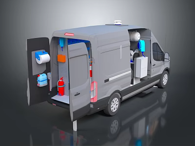 Grey Van Interior With Open Rear Doors And Service Equipment Storage 3d model