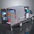 Grey Van Interior With Open Rear Doors And Service Equipment Storage