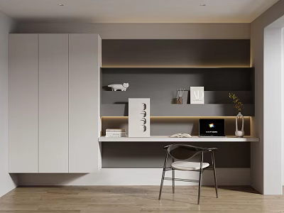 Modern Study Room Interior With Floating Desk Cabinets And Chair 3d model