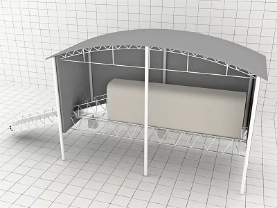 Industrial Metal Frame Structure With Gray Roof And Cylindrical Storage Object 3d model