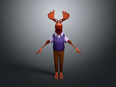 Cartoon Moose With Red Antlers Purple Vest White Shirt Brown Pants Standing On Gray Background 3d model