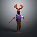 Cartoon Moose With Red Antlers Purple Vest White Shirt Brown Pants Standing On Gray Background