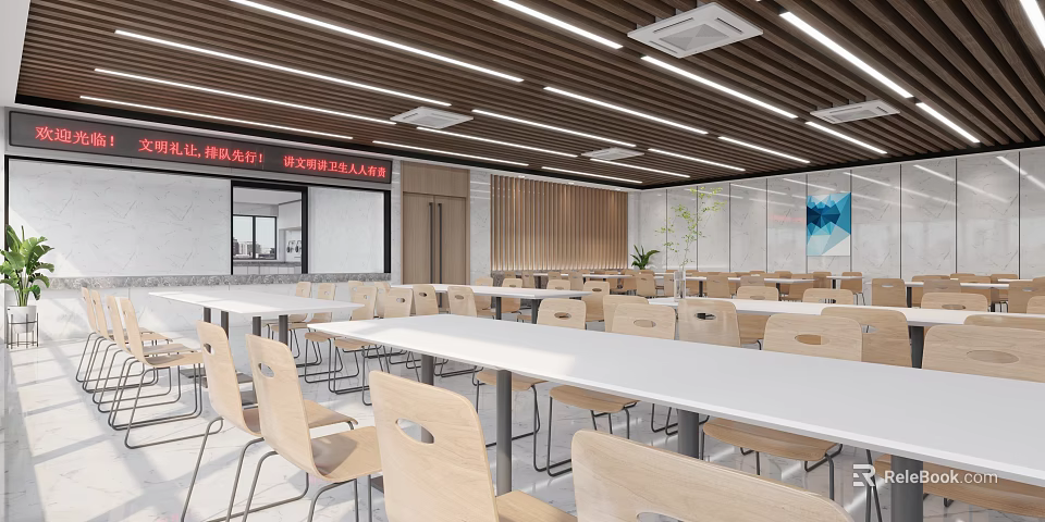 Modern Canteen Interior With Long Tables Chairs And Ceiling Lights 3d model