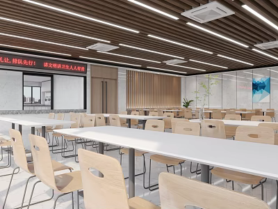 Modern Canteen Interior With Long Tables Chairs And Ceiling Lights 3d model