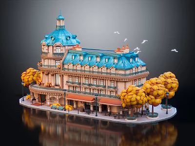 Cartoon Scene With Blue Roof Building Yellow Trees Street Lamps And Flying Birds 3d model