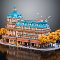Cartoon Scene With Blue Roof Building Yellow Trees Street Lamps And Flying Birds