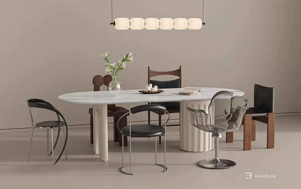 White Oval Marble Dining Table With Stylish Mixed Chairs For Elegant Cozy Modern Dining Space 3d model 