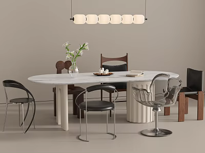 White Oval Marble Dining Table With Stylish Mixed Chairs For Elegant Cozy Modern Dining Space 3d model
