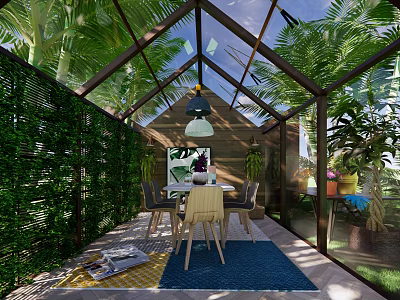 Glasshouse Garden Interior With Green Wall Table Chairs Hanging Lamp And Lush Green Plants 3d model