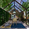 Glasshouse Garden Interior With Green Wall Table Chairs Hanging Lamp And Lush Green Plants